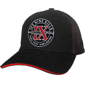 ICE NINE KILLS 'IX' double mesh snapback hockey cap in black and red front view