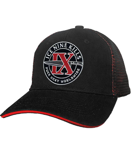 ICE NINE KILLS 'IX' double mesh snapback hockey cap in black and red front view