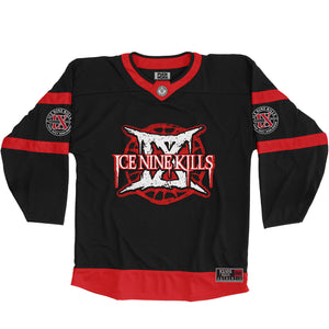 ICE NINE KILLS 'IX' hockey jersey in black and red front view