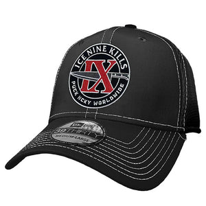 ICE NINE KILLS 'IX' stretch mesh contrast stitch hockey cap in black with white stitching front view