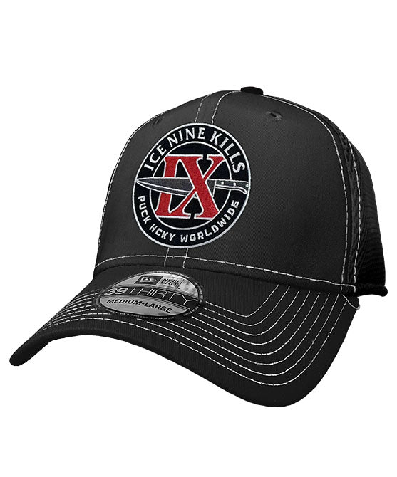 ICE NINE KILLS 'IX' stretch mesh contrast stitch hockey cap in black with white stitching front view