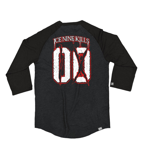 ICE NINE KILLS 'IX' hockey raglan t-shirt in graphite heather with black sleeves back view