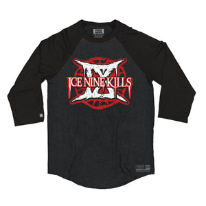 ICE NINE KILLS 'IX' hockey raglan t-shirt in graphite heather with black sleeves front view