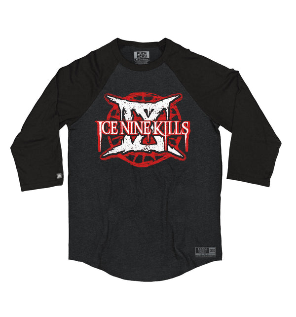ICE NINE KILLS 'IX' hockey raglan t-shirt in graphite heather with black sleeves front view