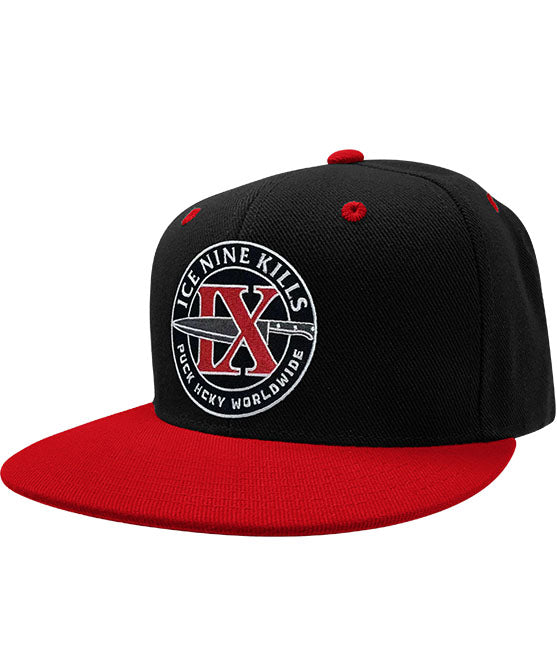 ICE NINE KILLS 'IX' flat bill snapback hockey cap in black with red bill front view