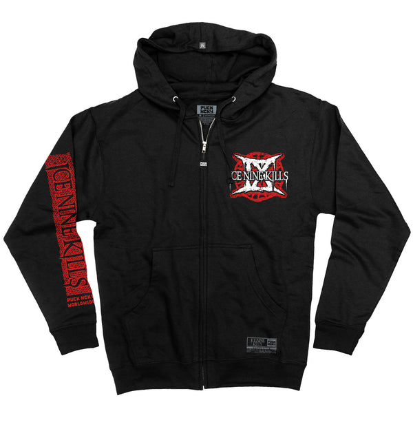 ICE NINE KILLS 'IX' full zip hockey hoodie in black front view