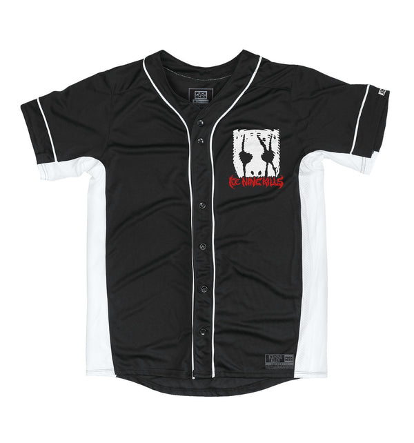 ICE NINE KILLS 'SILENCE' short sleeve baseball jersey in black and white front view