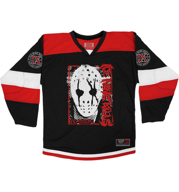 ICE NINE KILLS 'SILENCE' hockey jersey in black, red, and white front view