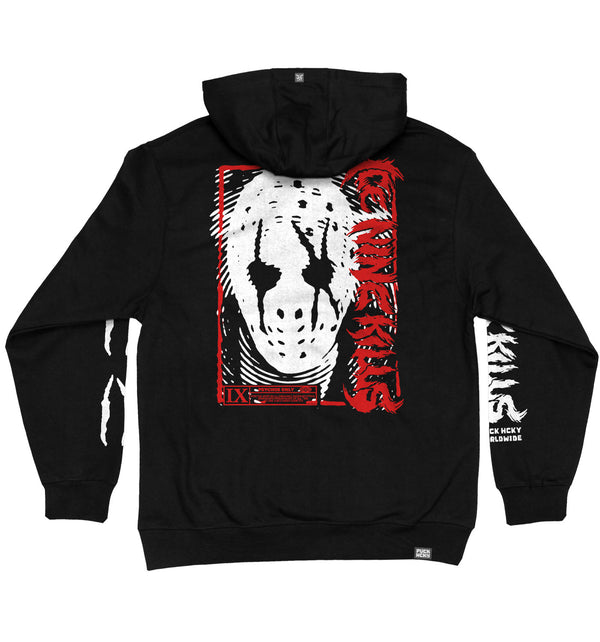 ICE NINE KILLS 'SILENCE' laced pullover hockey hoodie in black with red and white hockey laces back view