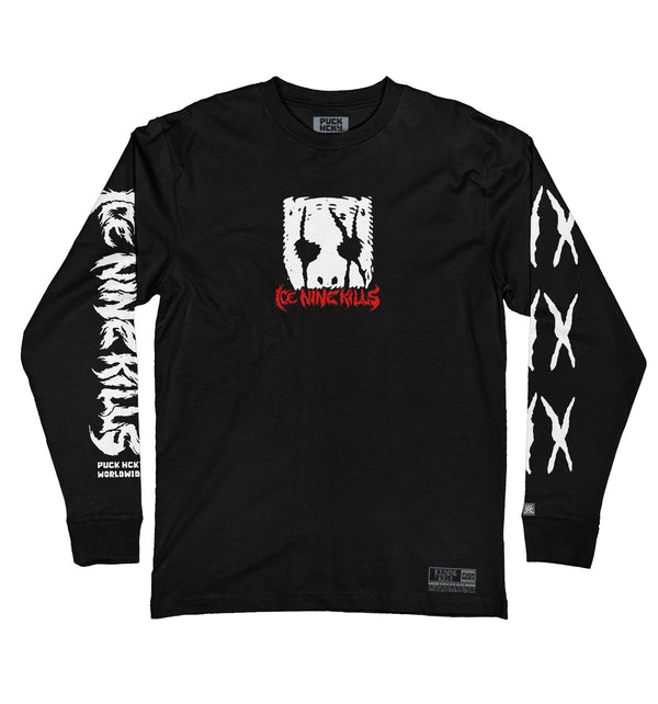 ICE NINE KILLS 'SILENCE' long sleeve hockey t-shirt in black front view