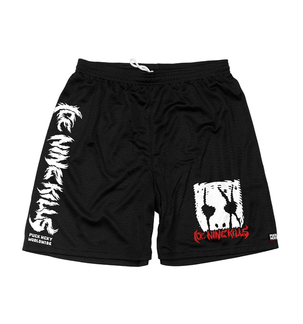 ICE NINE KILLS 'SILENCE' mesh hockey shorts in black front view