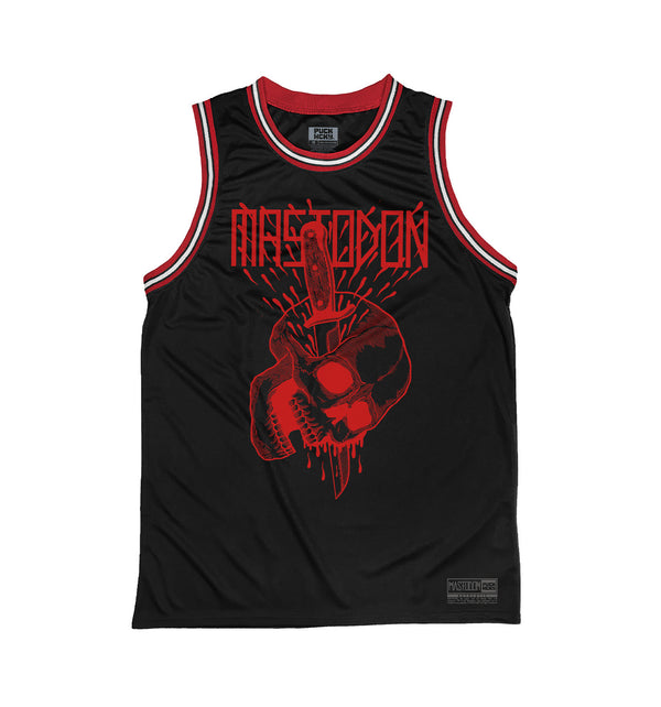 MASTODON 'BONETHROWER' sleeveless basketball jersey in black, red, and white front view