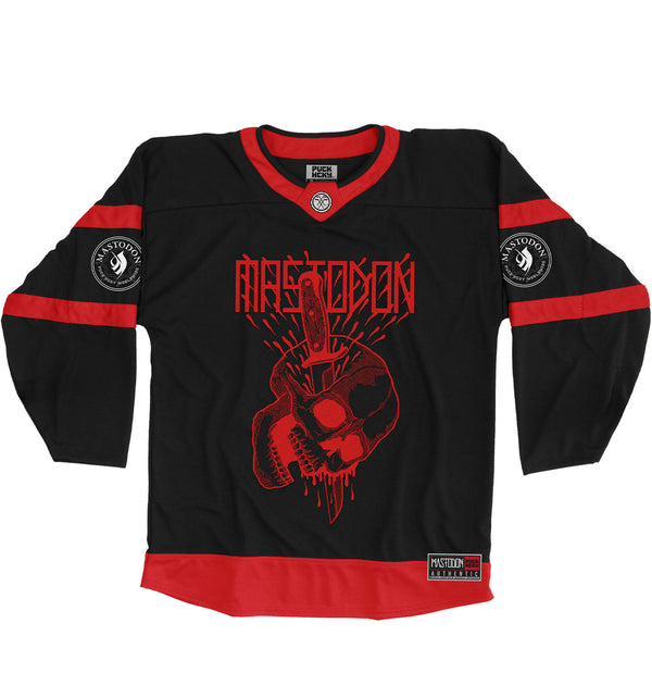 MASTODON 'BONE THROWER' hockey jersey in black and red front view