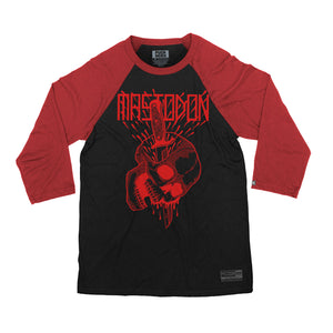 Mastodon ‘Bonethrower’ hockey raglan t-shirt in black with red sleeves front view