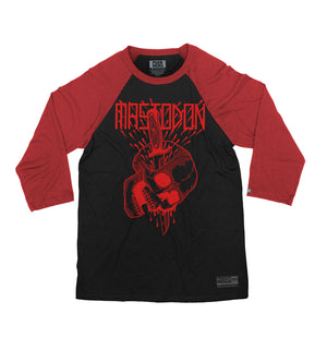 Mastodon ‘Bonethrower’ hockey raglan t-shirt in black with red sleeves front view