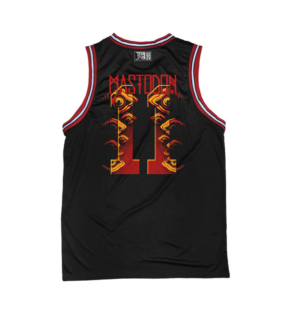 Mastodon 'The Hunter' sleeveless basketball jersey in black, red, and white back view