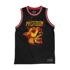 Mastodon 'The Hunter' sleeveless basketball jersey in black, red, and white front view