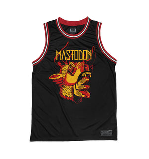 Mastodon 'The Hunter' sleeveless basketball jersey in black, red, and white front view