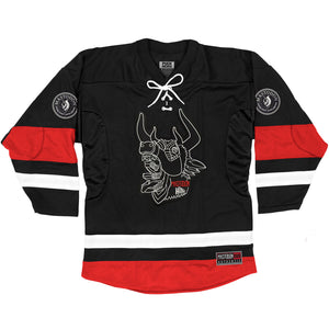 Mastodon 'The Hunter' deluxe hockey jersey in black, white, and red front view