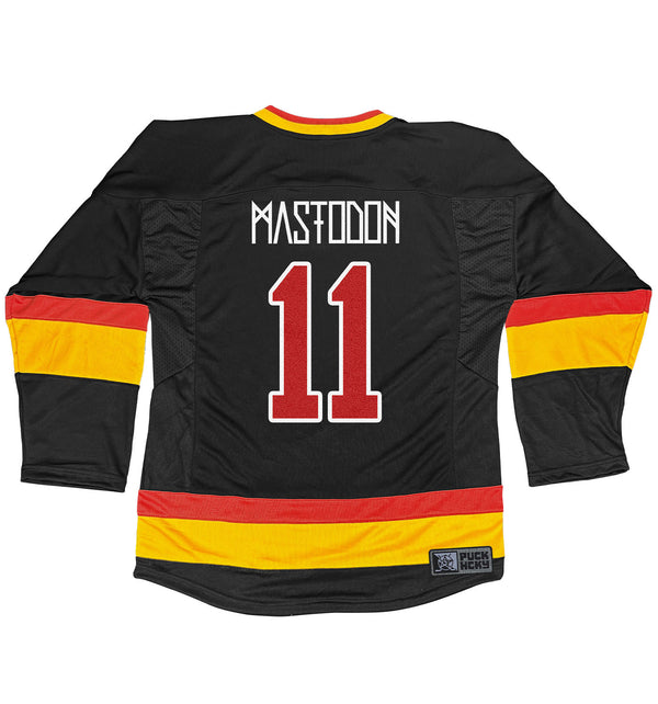 Mastodon 'The Hunter' hockey jersey in black, red, and gold back view