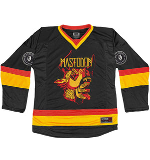Mastodon 'The Hunter' hockey jersey in black, red, and gold front view