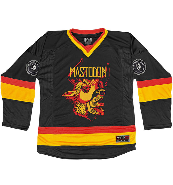 Mastodon 'The Hunter' hockey jersey in black, red, and gold front view