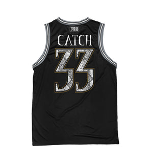 Meshuggah 'Catch 33' sleeveless basketball jersey in black, grey, and white back view