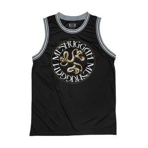 Meshuggah 'Catch 33' sleeveless basketball jersey in black, grey, and white front view