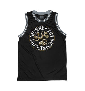 Meshuggah 'Catch 33' sleeveless basketball jersey in black, grey, and white front view