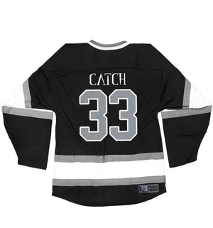 Meshuggah 'Catch 33' deluxe hockey jersey in black, white, and grey back view