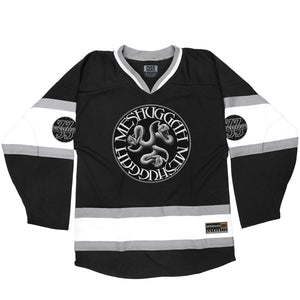Meshuggah 'Catch 33' deluxe hockey jersey in black, white, and grey front view