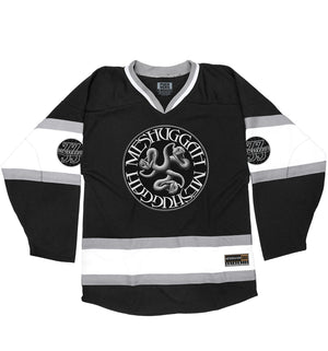 Meshuggah 'Catch 33' deluxe hockey jersey in black, white, and grey front view