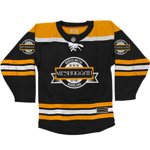 MESHUGGAH 'KNÖVELMETAL' hockey jersey in black, gold, and white front view