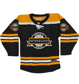 Meshuggah 'Knovelmetal' hockey jersey in black, gold, and white front view