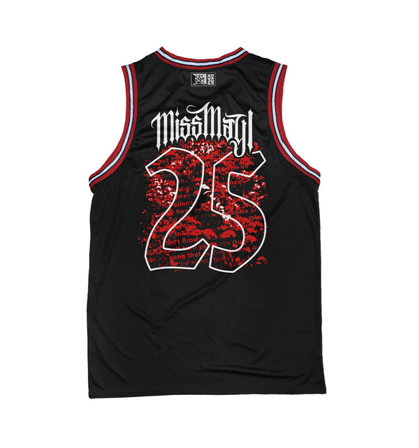 Miss May I 'Silence' sleeveless basketball jersey in black, red, and white back view