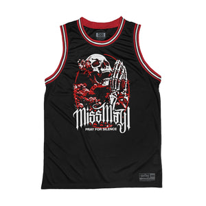 Miss May I 'Silence' sleeveless basketball jersey in black, red, and white front view