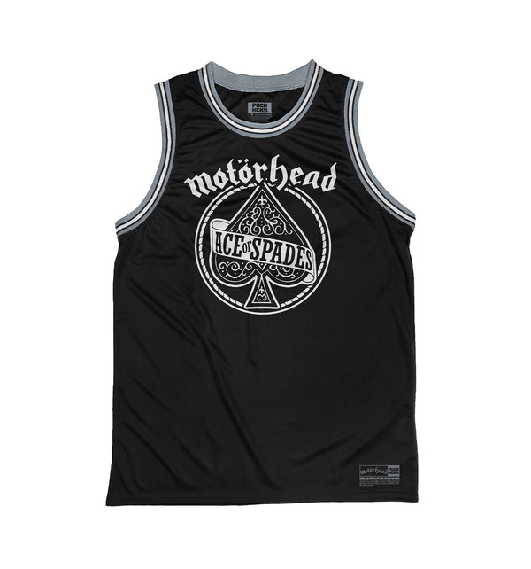 Motorhead 'Ace of Spades' sleeveless basketball jersey in black, grey, and white front view