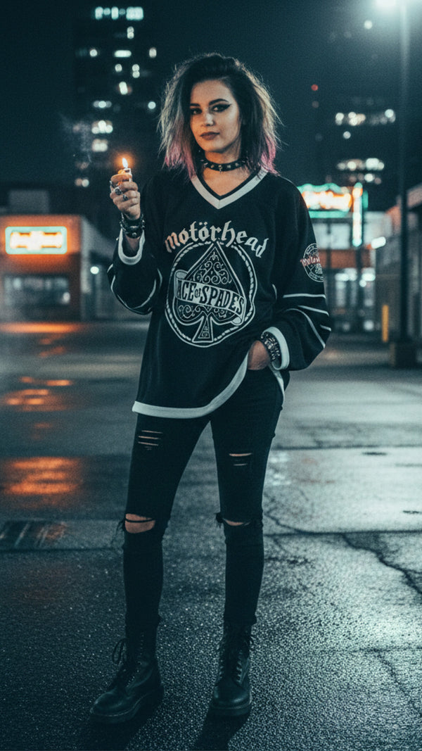 Motorhead 'Ace of Spades' hockey jersey in black and white on model