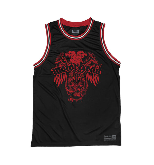 Motorhead 'Ace of Spades'  sleeveless basketball jersey in black, red, and white frontview