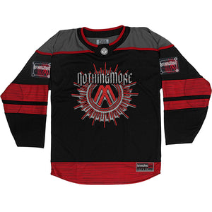 NOTHING MORE 'DÉJÀ VU' hockey jersey in black, charcoal grey, and white front view