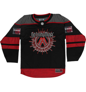 NOTHING MORE 'Deja Vu' hockey jersey in black, charcoal grey, and white front view