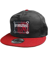 NOTHING MORE 'NEVERLAND' snapback hockey cap in black camo with red brim front view