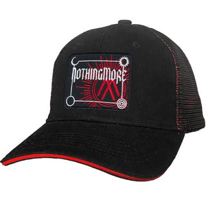 NOTHING MORE 'NEVERLAND' double mesh snapback hockey cap in black and red front view