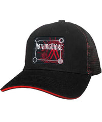 NOTHING MORE 'NEVERLAND' double mesh snapback hockey cap in black and red front view