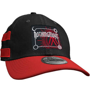 NOTHING MORE 'NEVERLAND' stretch fit hockey cap in black with red brim and red stripes front view