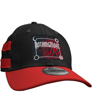 NOTHING MORE 'NEVERLAND' stretch fit hockey cap in black with red brim and red stripes front view