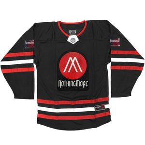 NOTHING MORE 'VALHALLA' deluxe hockey jersey in black, red, and white front view front view