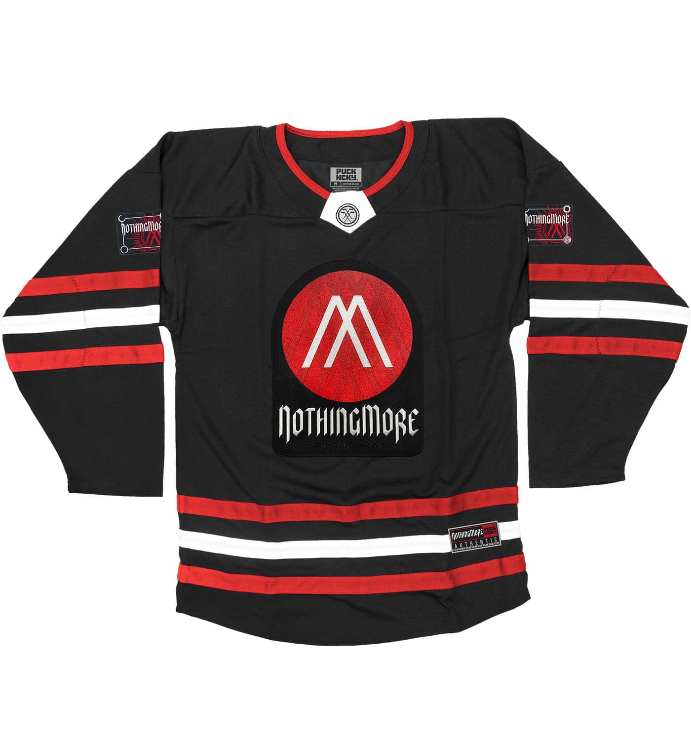 NOTHING MORE 'VALHALLA' deluxe hockey jersey in black, red, and white front view front view