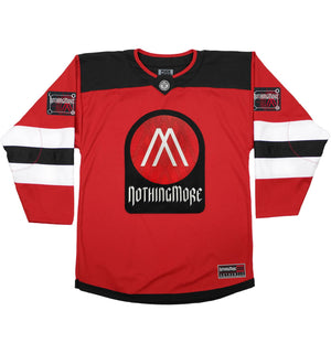NOTHING MORE 'VALHALLA' deluxe hockey jersey in red, black, and white front view