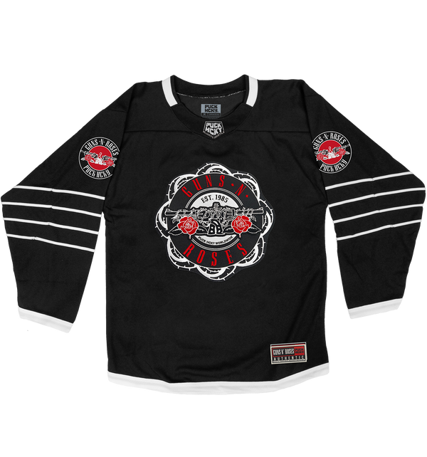 GUNS N' ROSES 'WORLDWIDE' DELUXE hockey jersey in black and white front view